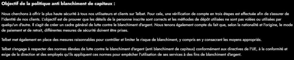 Telbet Casino politique anti blanchiment